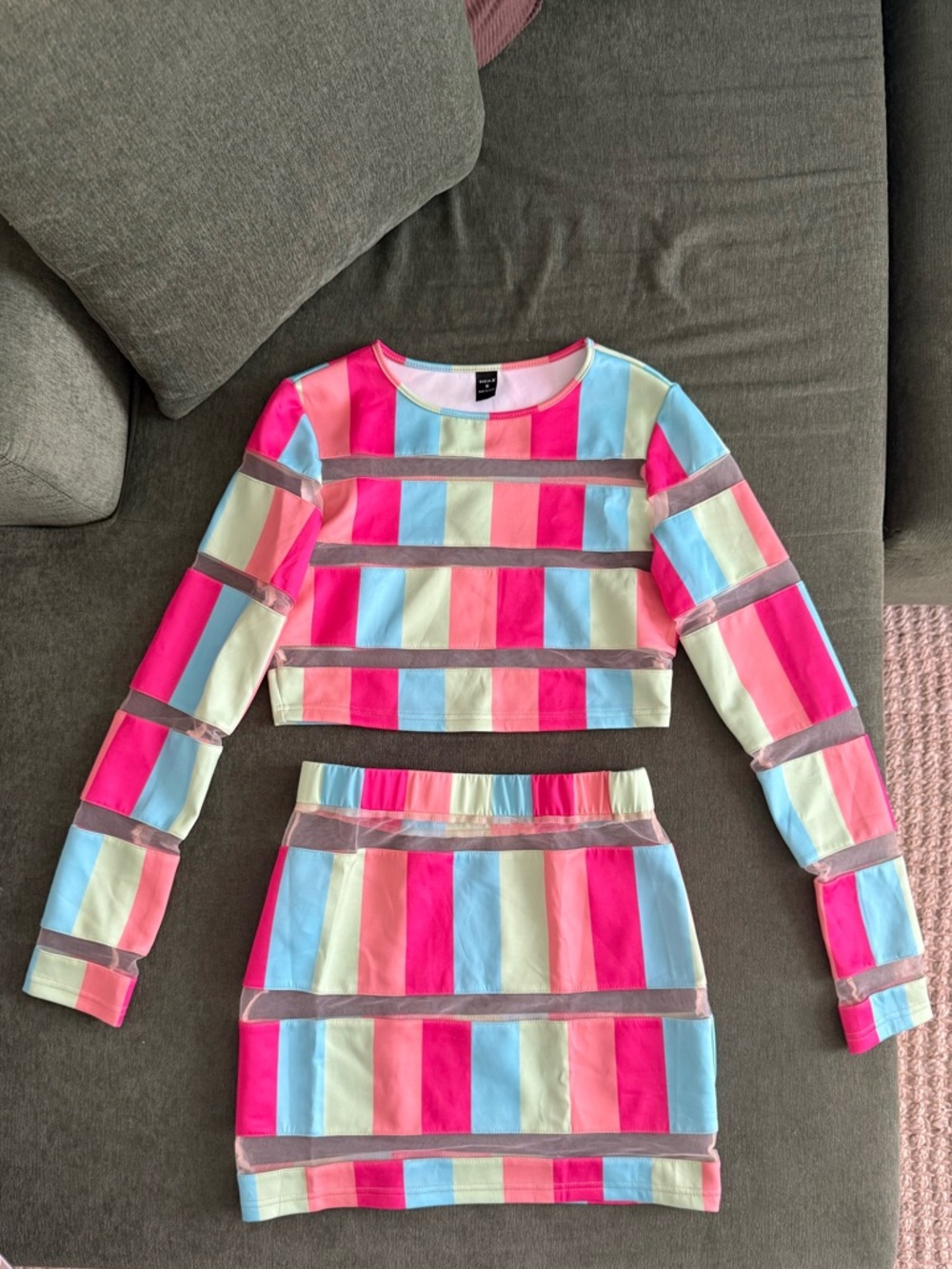 Colorblock Stripe Crop Top & Skirt Set - Pastel Pink Multi